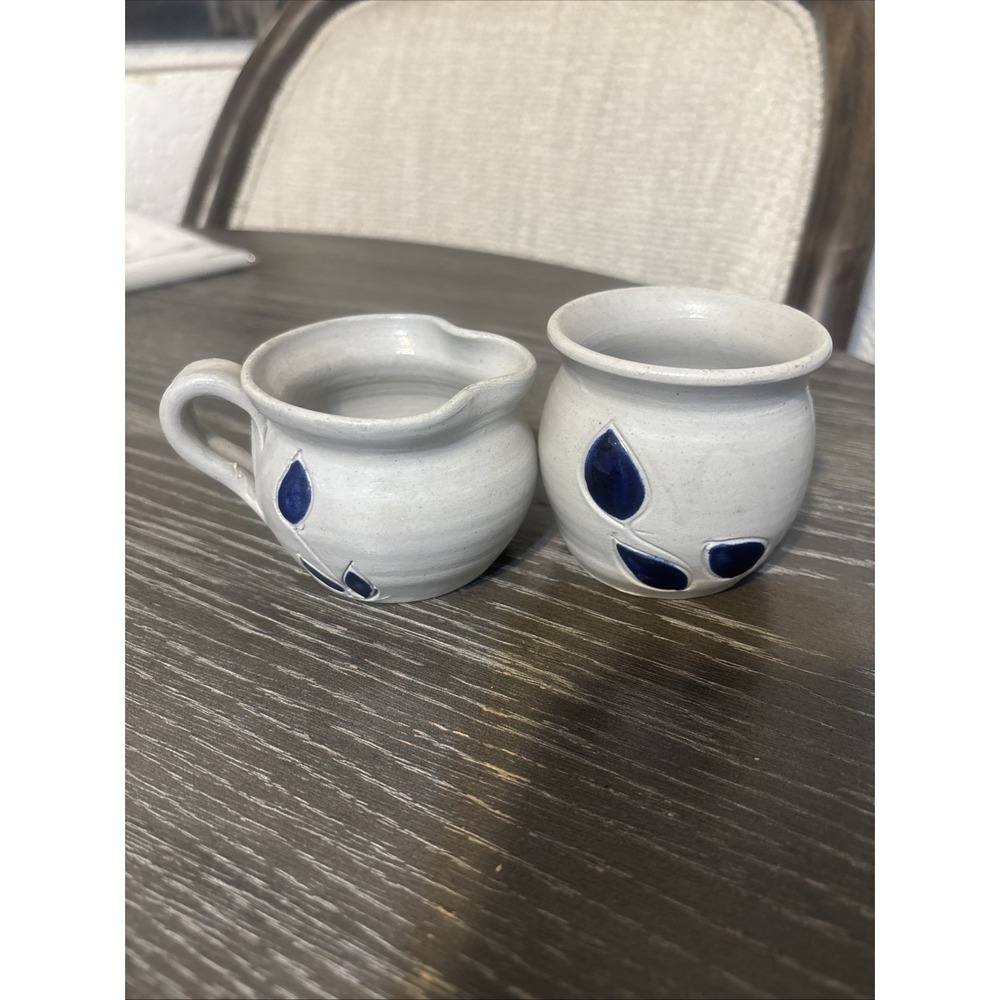 Williamsburg Pottery Creamer Sugar Set / Cobalt Decorated Salt Glazed Stoneware